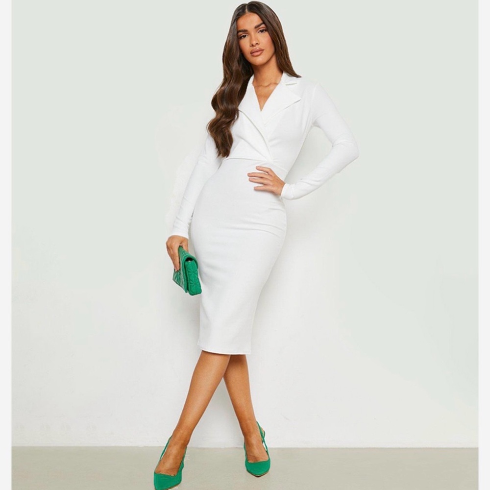 Boohoo White Long Sleeve Dress with Green Details